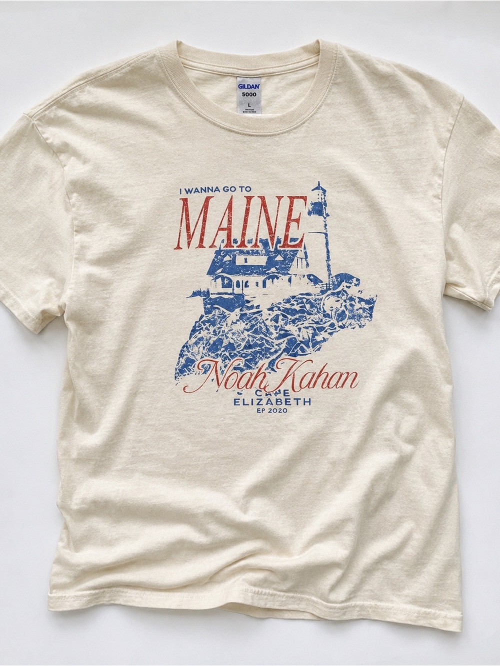 Gildan Cream Tee with Blue Lighthouse & Red Maine Script